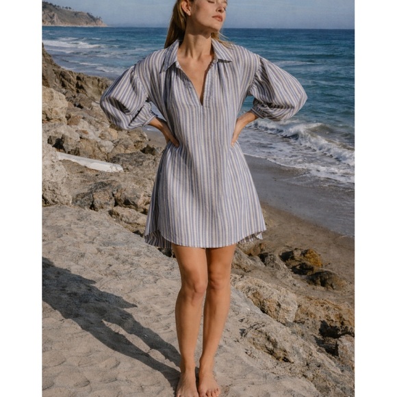 NWT DÔEN Marne Striped Silk Shirt Dress Blue VillandrySmall
